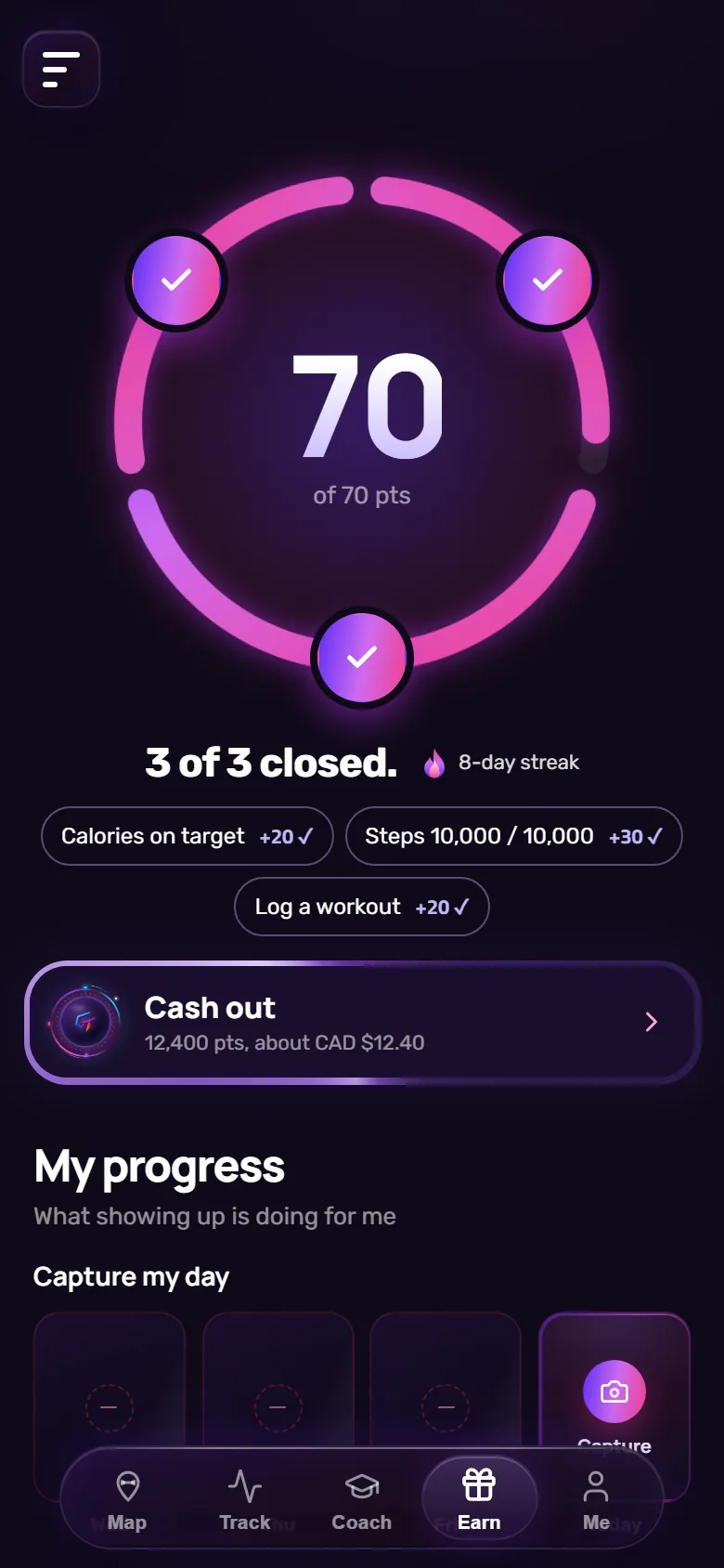 Actual Earn screen, demo day with 70 points credited